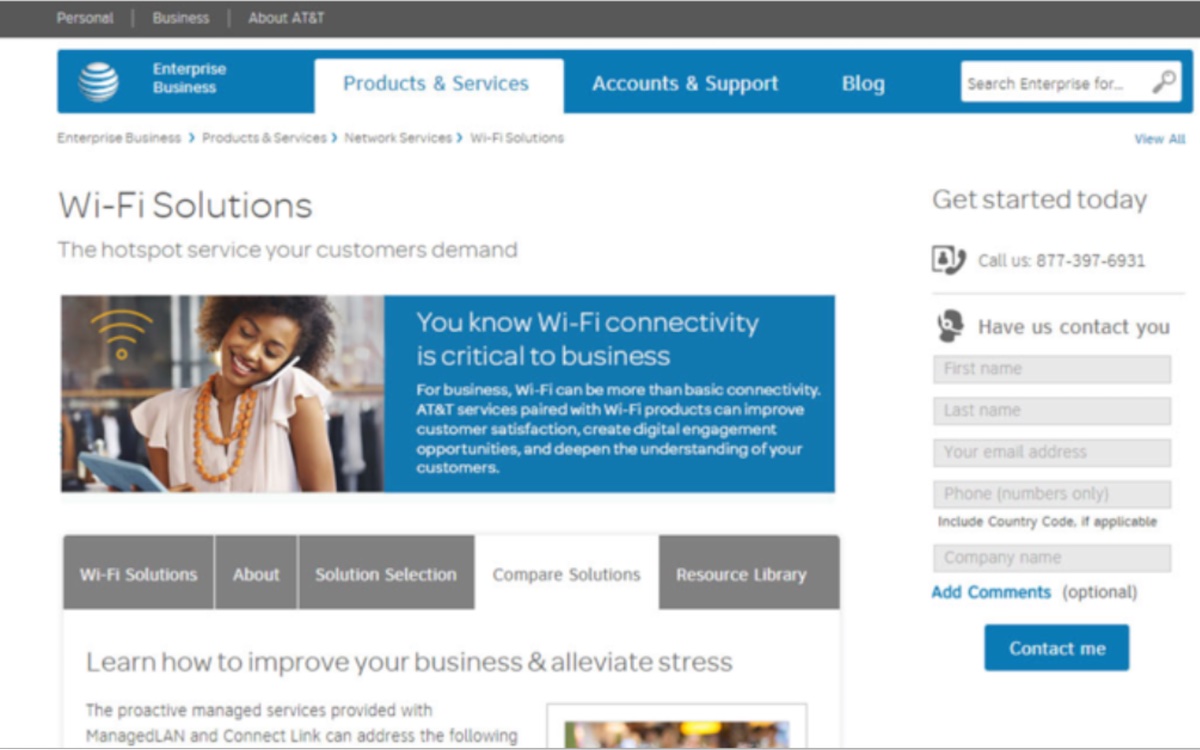 Screenshot of the AT&T Business page on the AT&T website