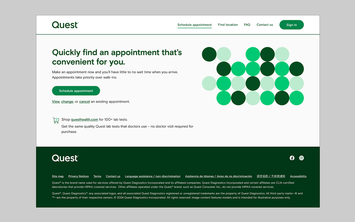Screenshot of Quest Diagnostics Appointment Scheduler website